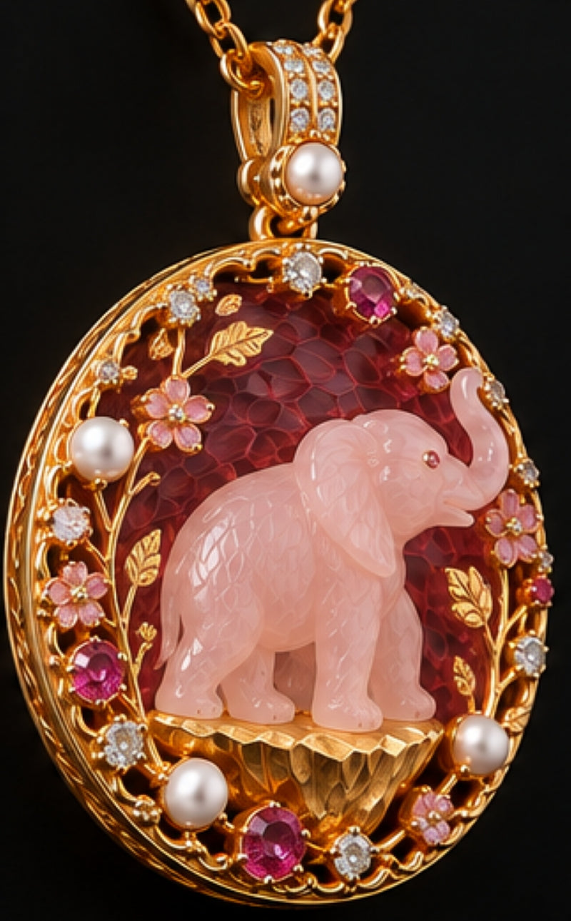 Side view of hand-carved rose quartz elephant pendant with 18K yellow gold, transparent pink hot enamel, diamonds and pearls
