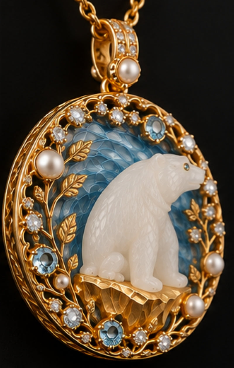 Side view of hand-carved white nephrite polar bear pendant with 18K yellow gold, transparent blue hot enamel and gemstones
