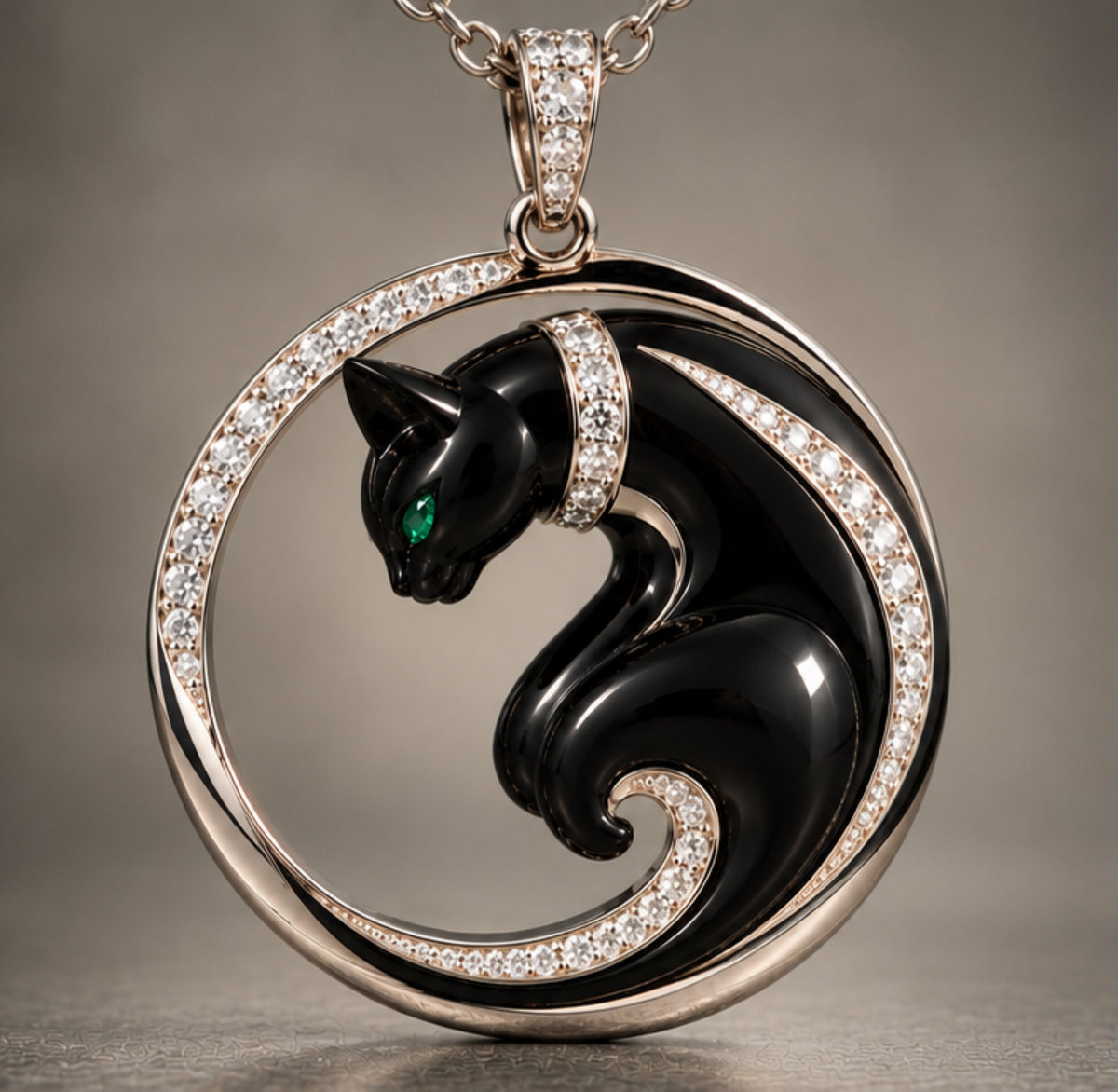 18K White Gold Black Onyx Cat Pendant with 2.0ct Diamonds & Emerald Eyes