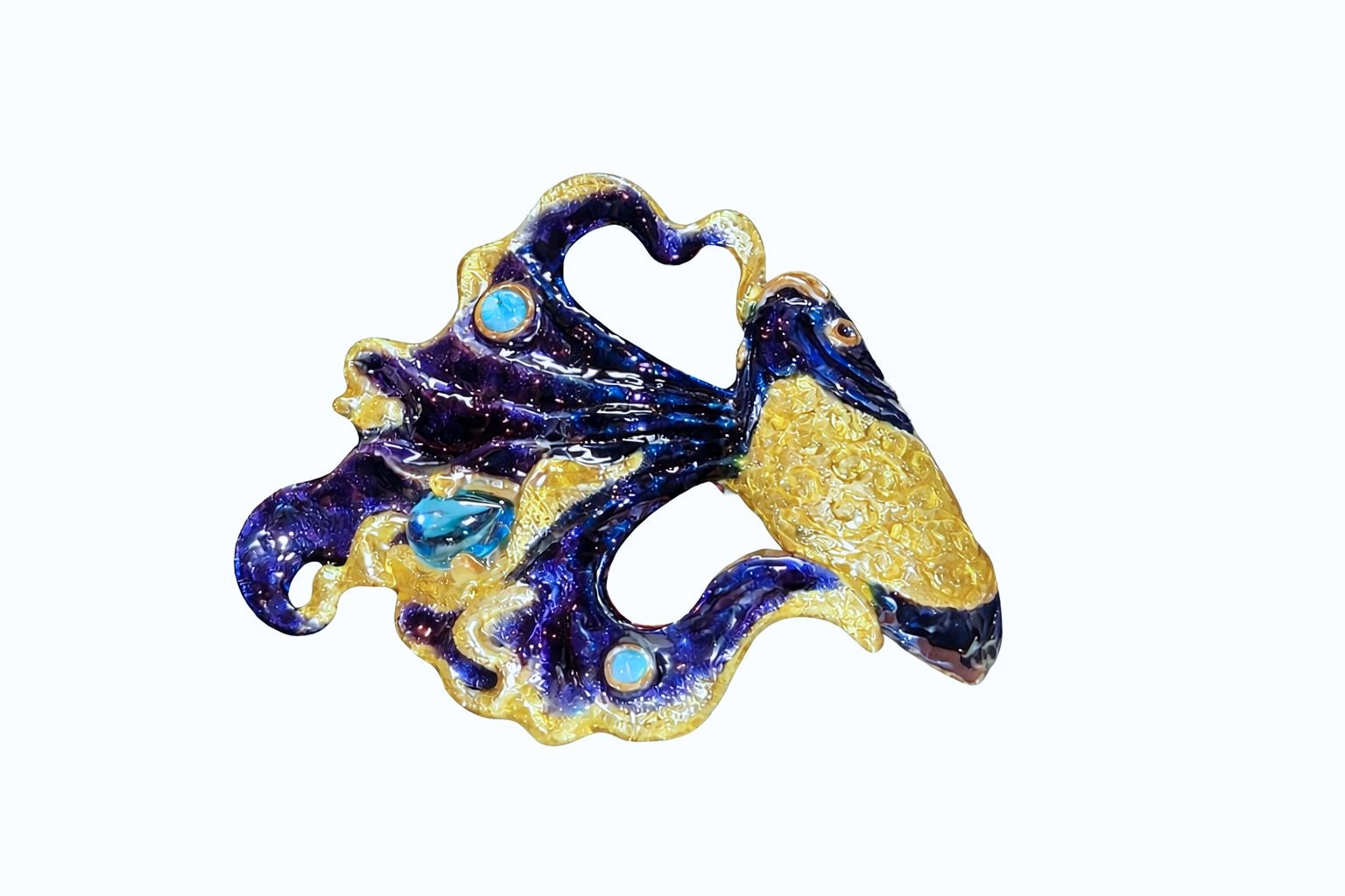 Handcrafted betta fish art ring featuring blue topaz and opal gemstones with deep blue and gold Limoges enamel in solid 960 silver, Ocean Duet fine jewelry design.