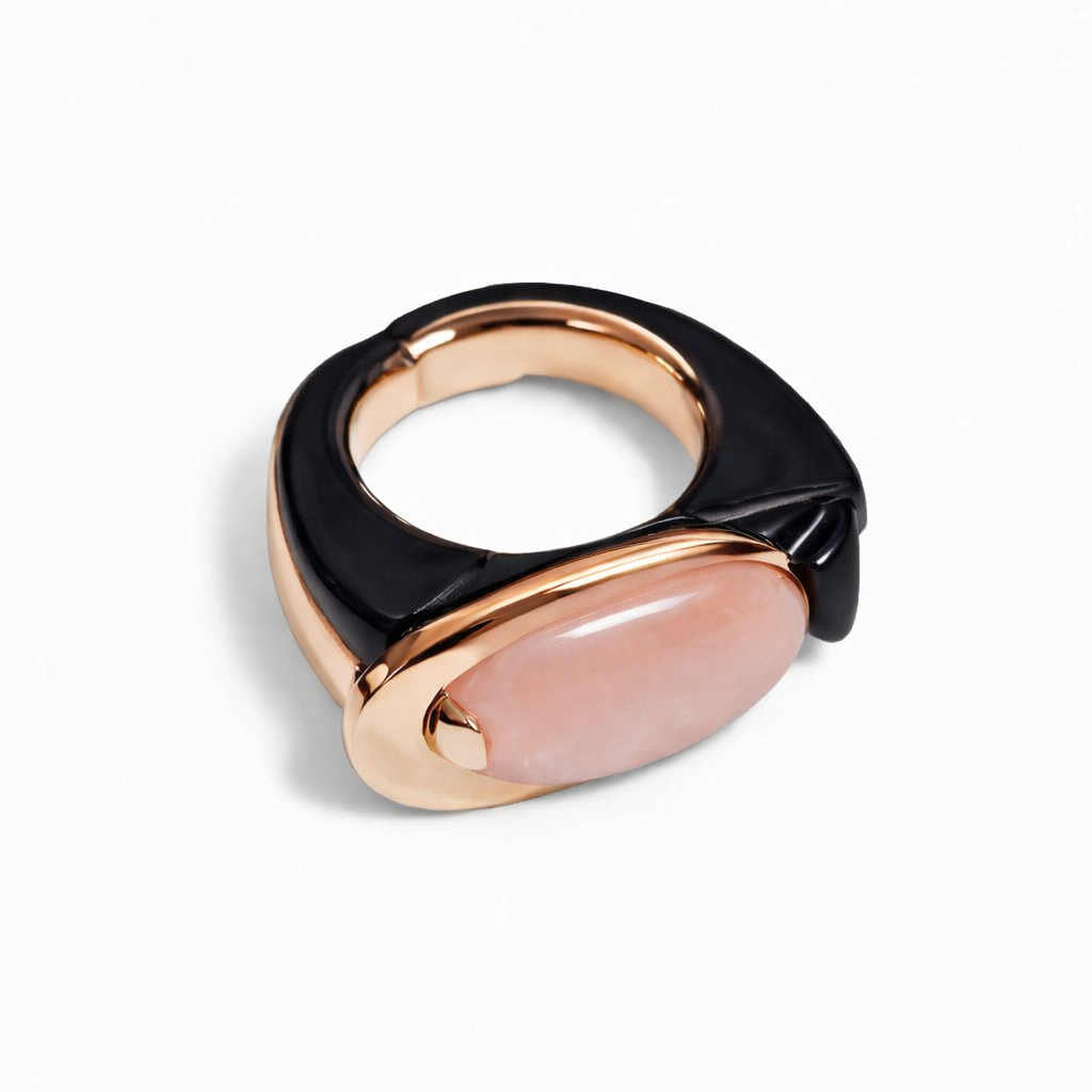 Pink opal Modern Muse statement ring in 14K pink gold and ebony wood with sculptural contemporary design by Konforti Jewelry