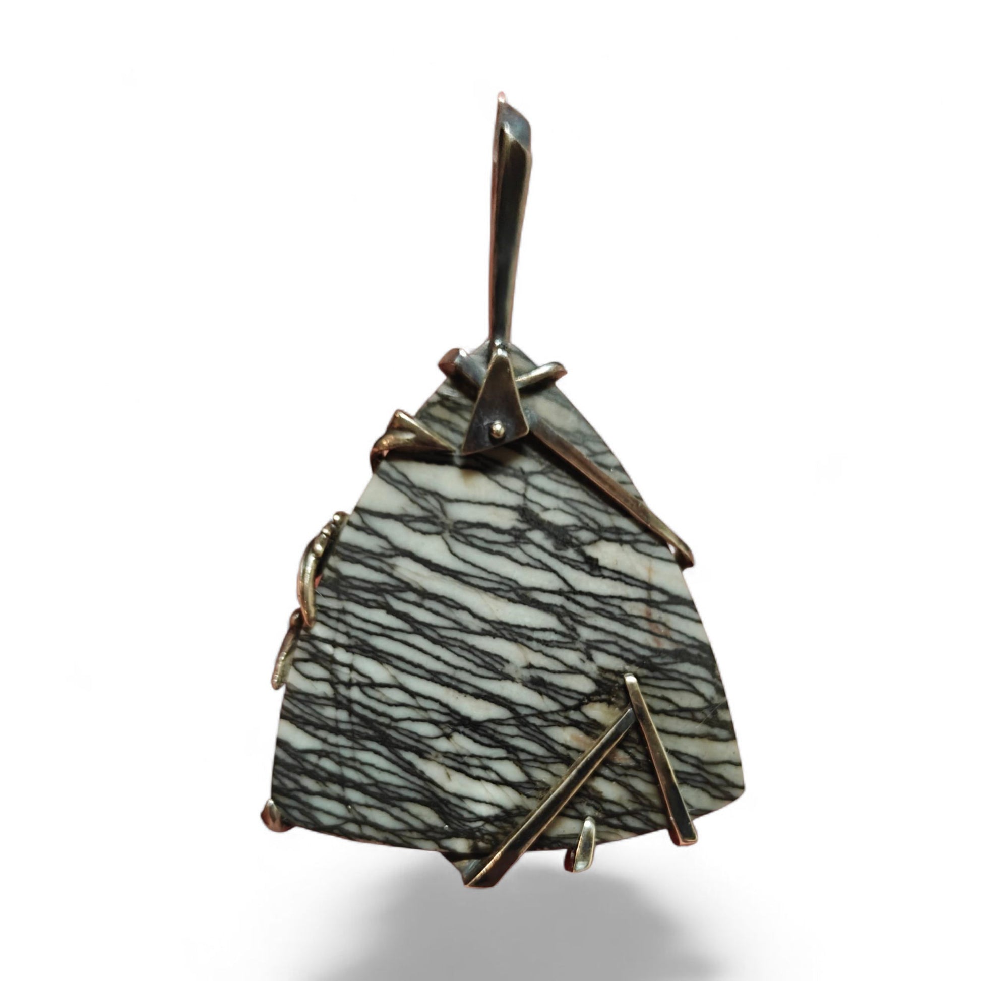 Back view of Weaver of Dreams landscape jasper pendant in oxidized sterling silver showing handcrafted geometric setting by Konforti Jewelry