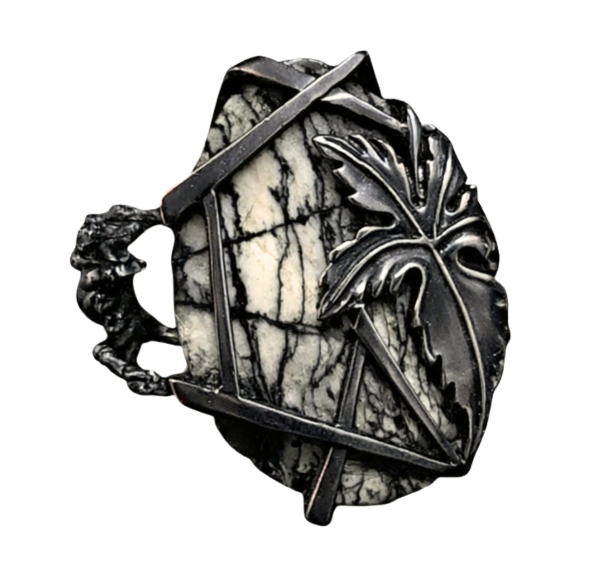 Weaver of Dreams landscape jasper spider ring handcrafted in oxidized 925 silver with palm tree and geometric details by Konforti Jewelry