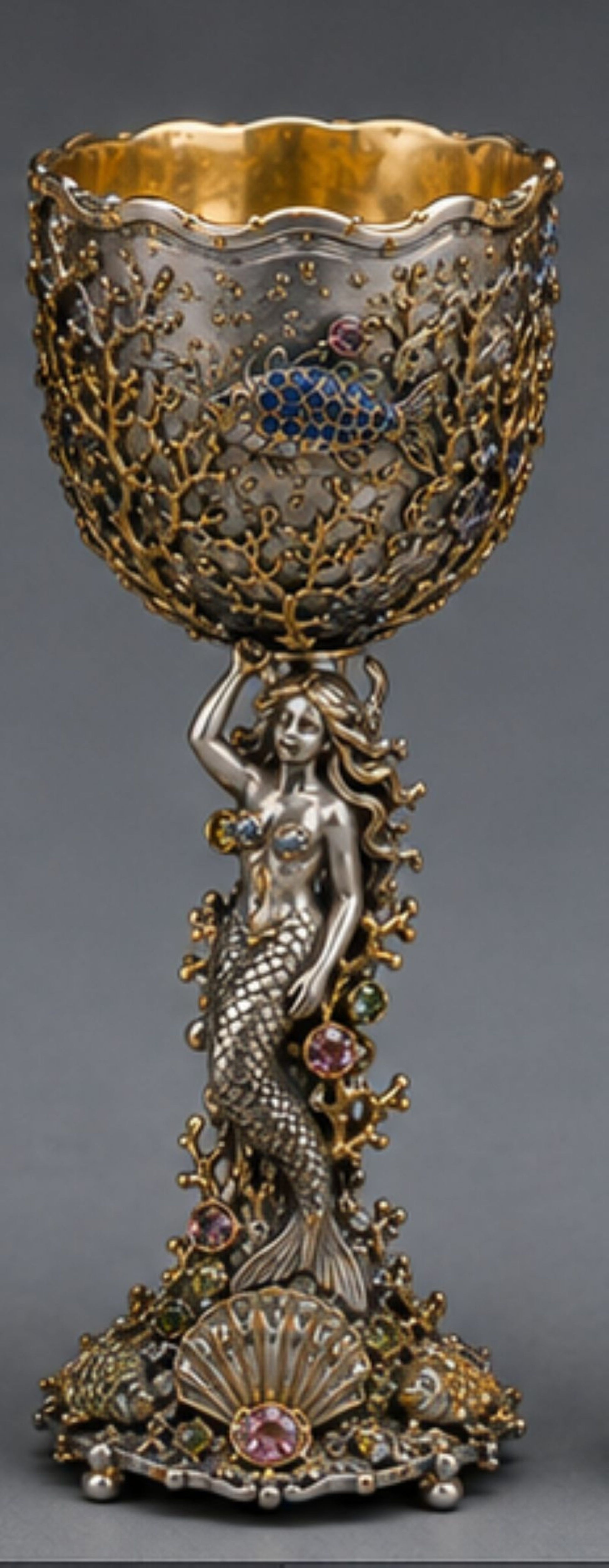 Kingdom of the Sea sterling silver mermaid champagne goblet with 24K gold, hot enamel fish, ametrine and topaz