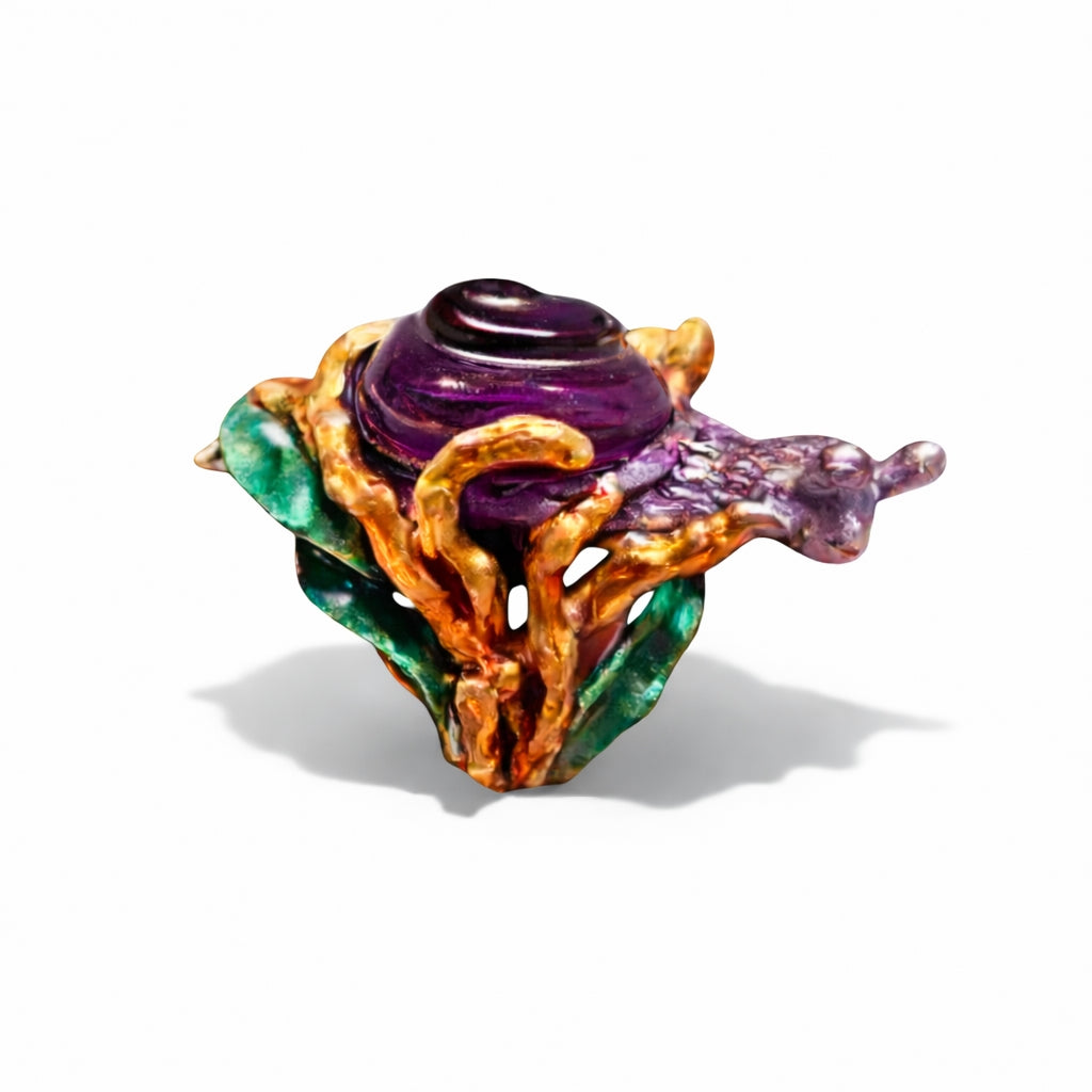 Amethyst Wanderer sculptural snail ring in 960 silver with carved amethyst shell and vivid hand painted enamel from the Stone Garden Collection by Konforti Jewelry on white background
