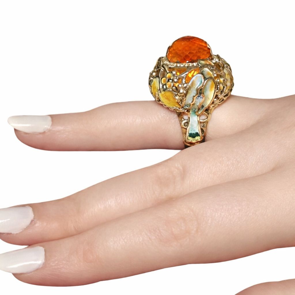 Side profile of the Autumn ring showing sculptural gold work, hot enamel details, and elevated Madeira citrine setting