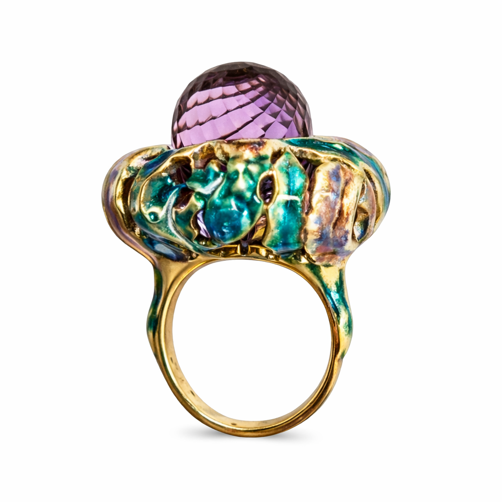 Close up of Purple Thistle luxury ring showing vivid amethyst briolette center stone and white sapphire accents beneath the gemstone for added brilliance