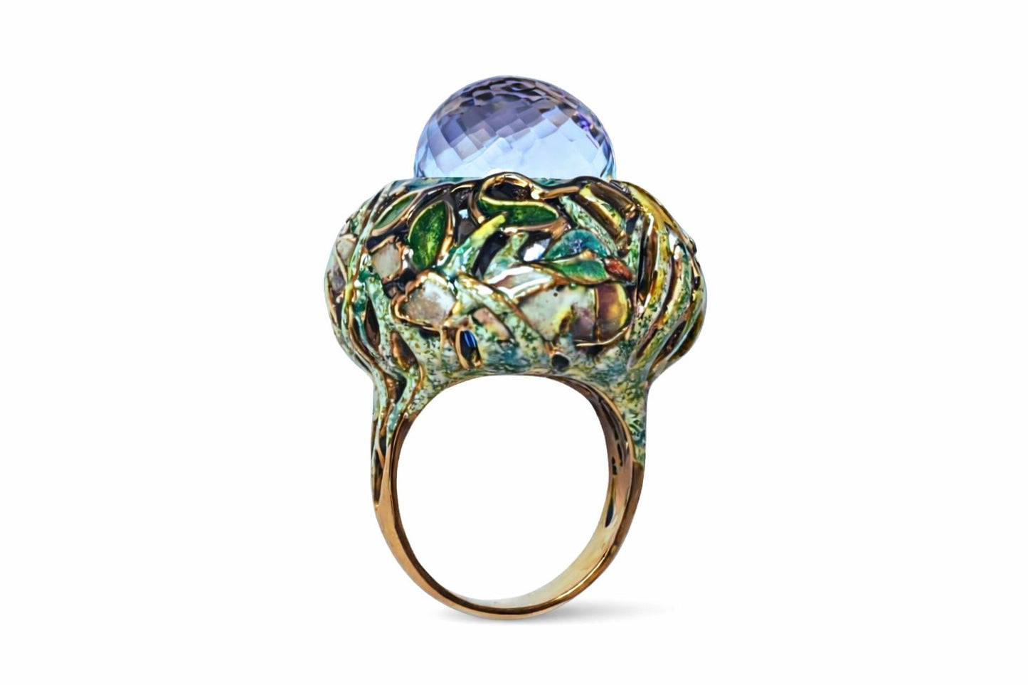 Side profile of the Shimmering Pond ring highlighting sculptural gold work and flowing enamel details beneath the Swiss topaz