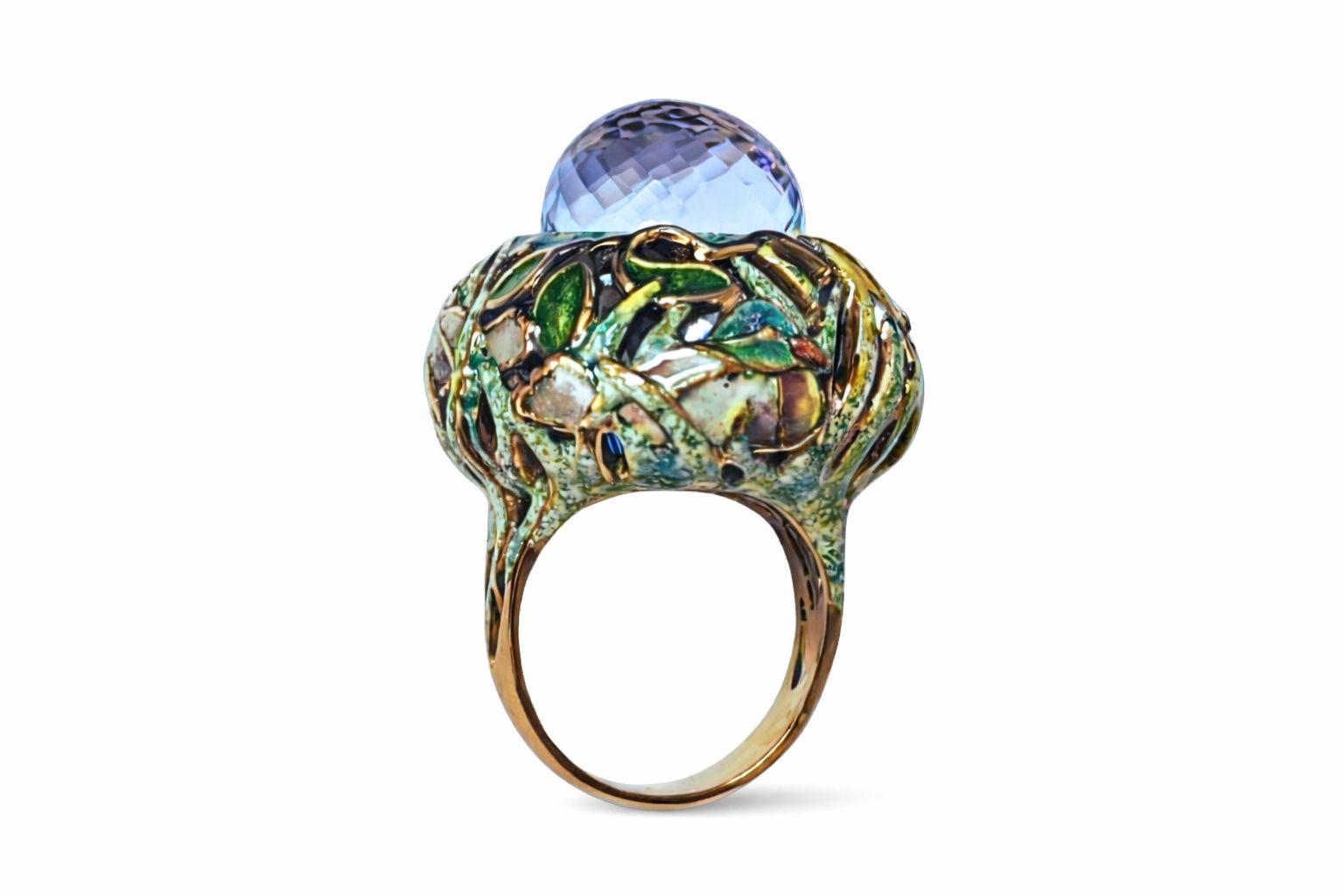 Side profile of the Shimmering Pond ring highlighting sculptural gold work and flowing enamel details beneath the Swiss topaz