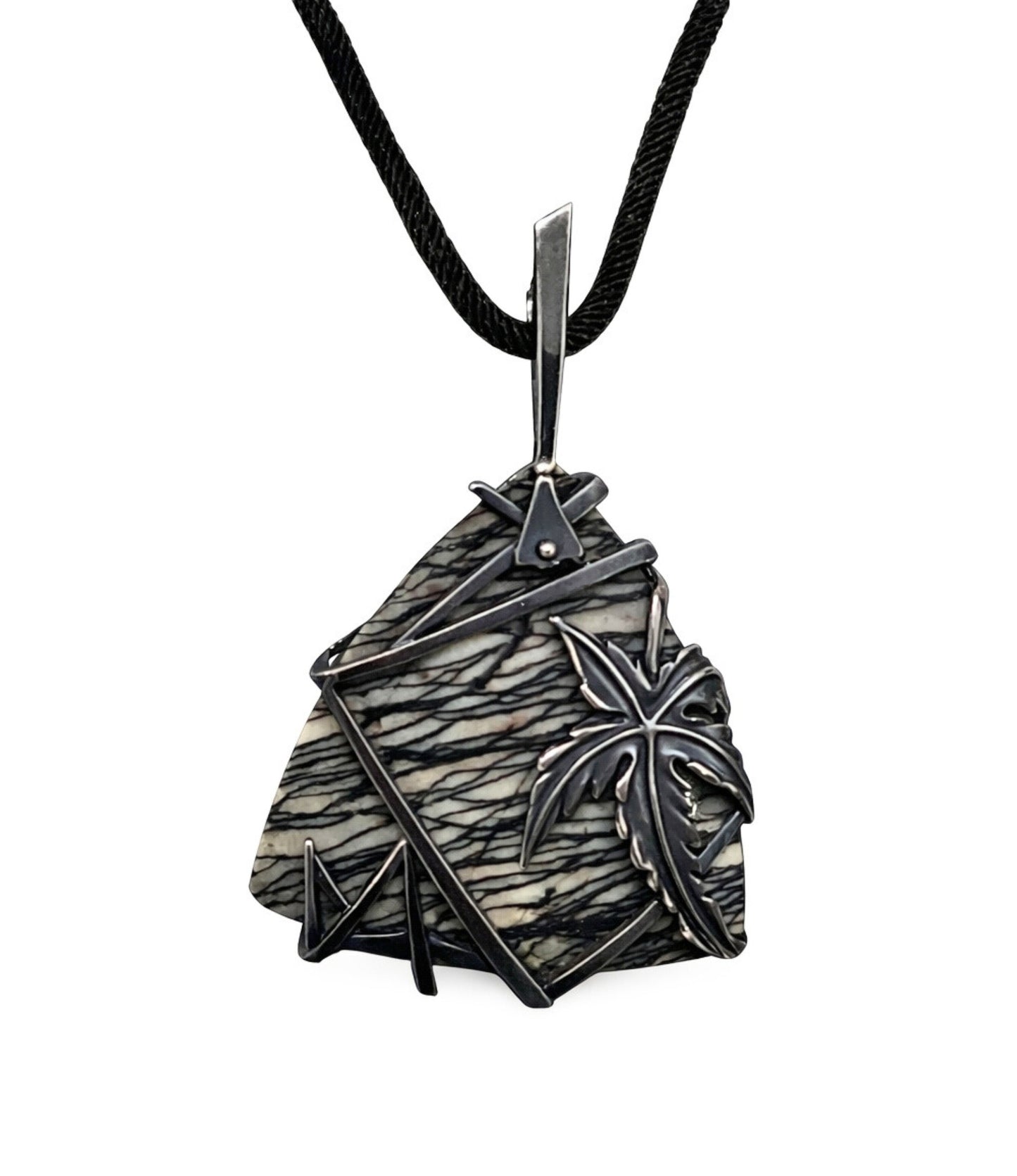 Weaver of Dreams landscape jasper pendant on black cord handcrafted in oxidized 925 silver from Stone Garden Collection by Konforti Jewelry