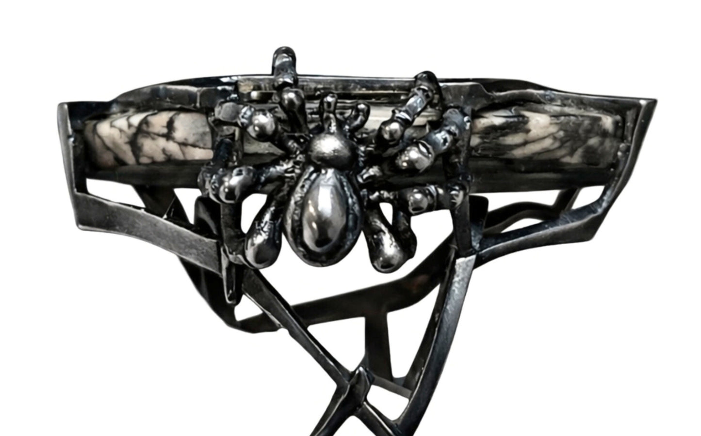 Side gallery view of Weaver of Dreams landscape jasper ring showing sculpted spider and architectural silver structure by Konforti Jewelry