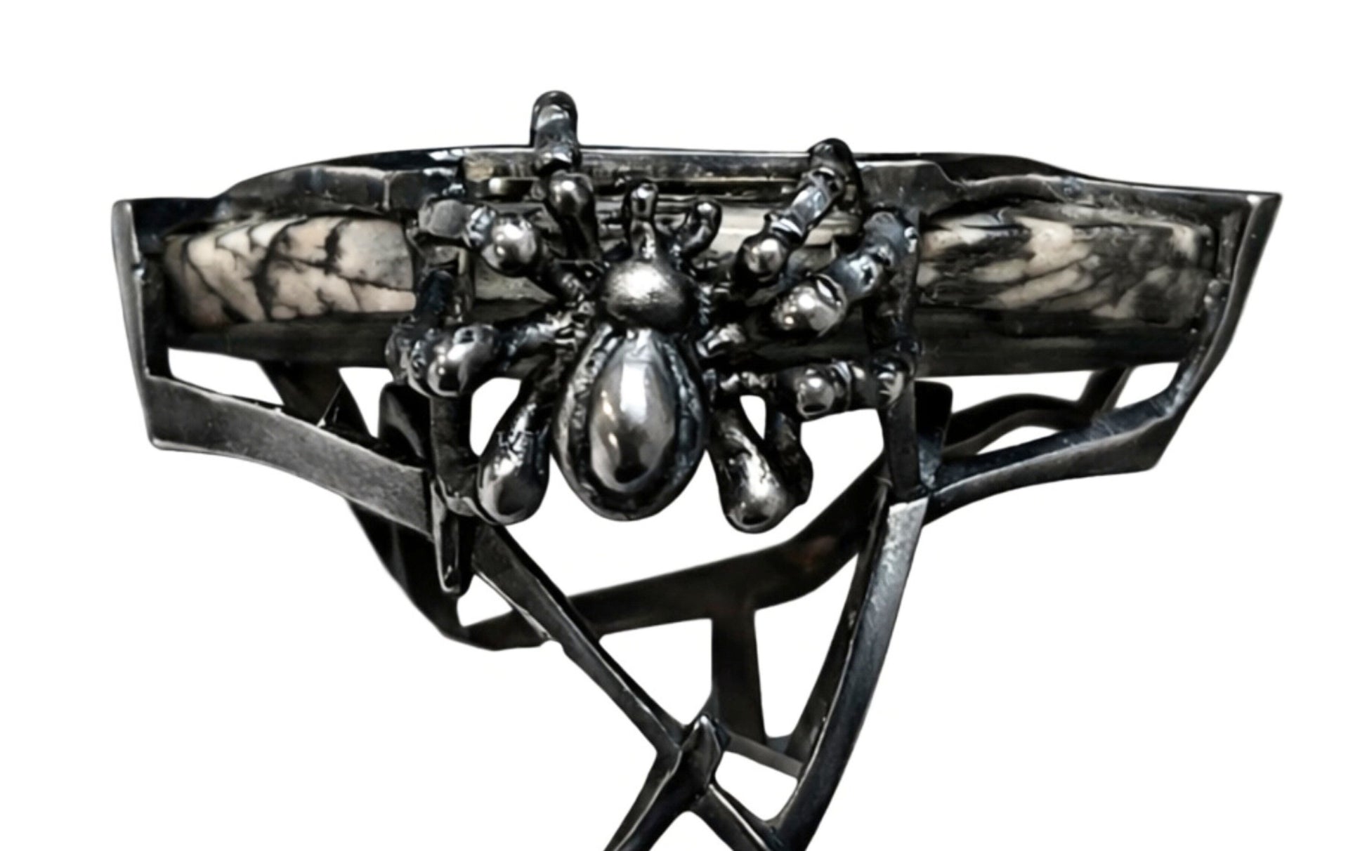 Side gallery view of Weaver of Dreams landscape jasper ring showing sculpted spider and architectural silver structure by Konforti Jewelry