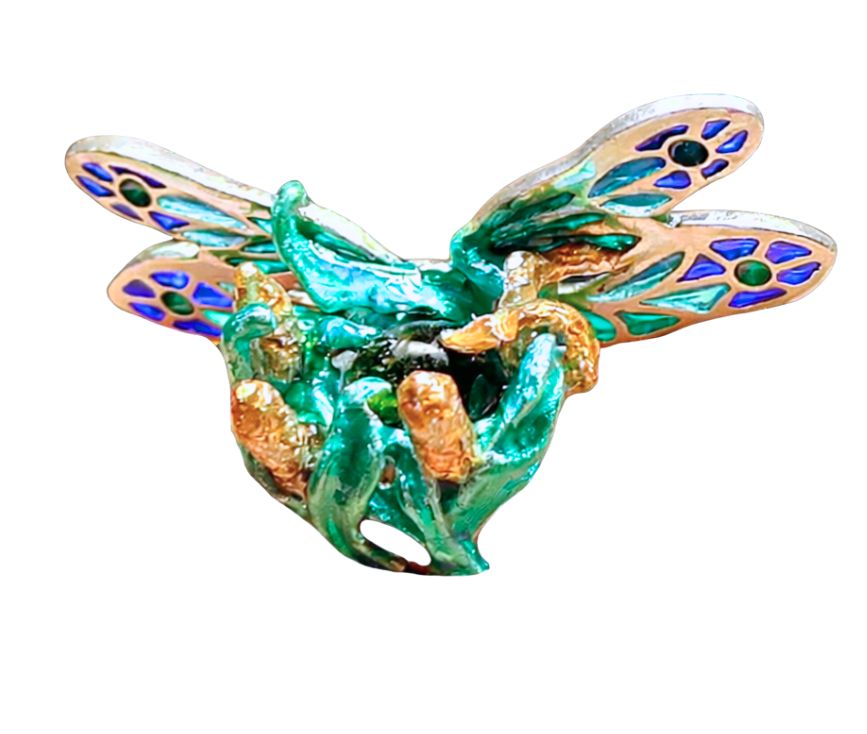 Enchanted Dragonfly ring handcrafted in 960 silver with green tourmaline center stone and plique a jour enamel wings Stone Garden Collection