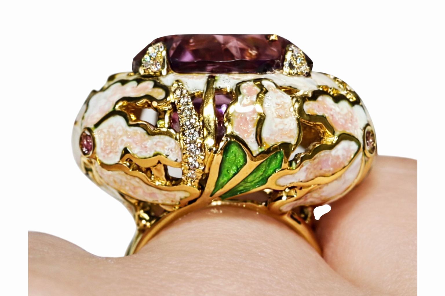 Underside gallery detail of Floral Fantasy ring by Konforti Jewelry showing sculpted 18K yellow gold structure hand painted enamel lily motifs pink sapphires and diamond accents beneath 32ct ametrine.