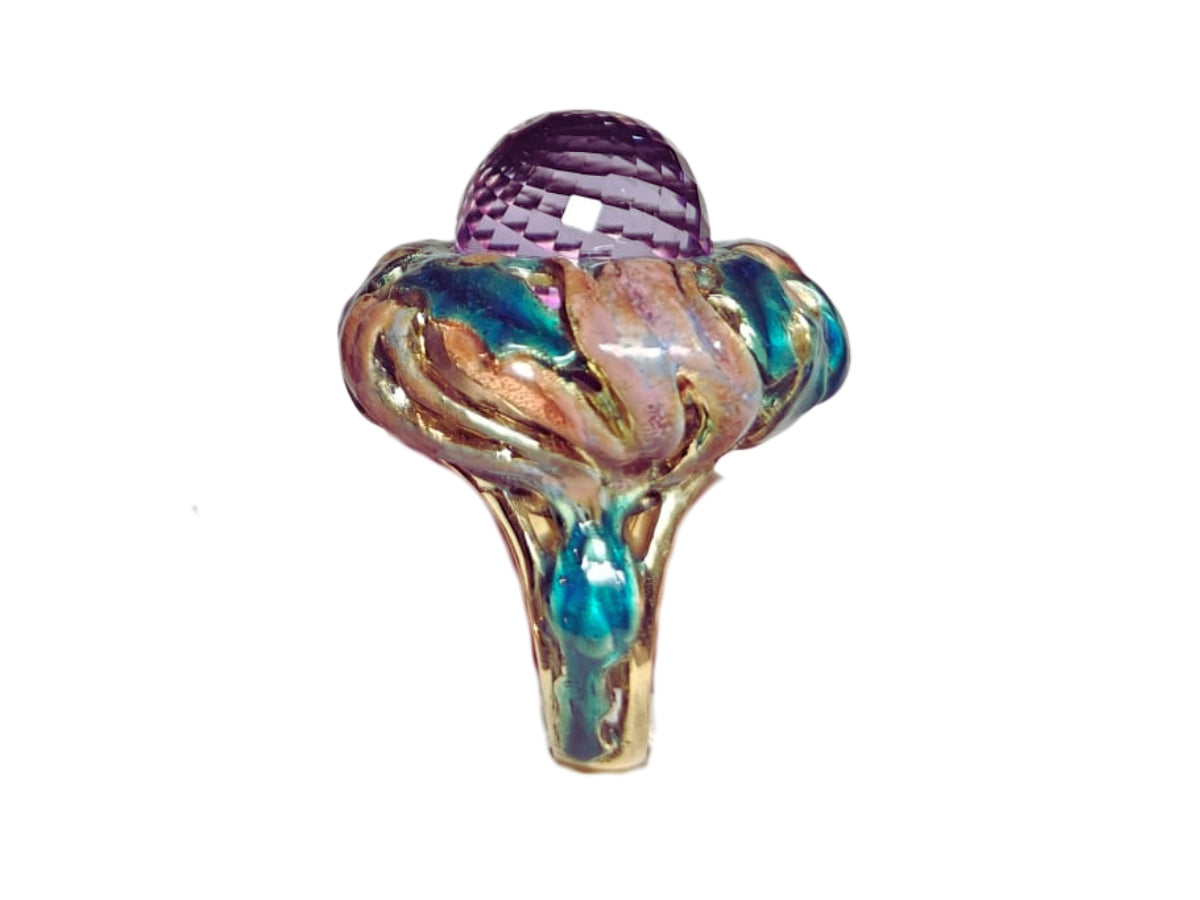 Statement amethyst Purple Thistle ring worn on hand showing scale of 27.8ct gemstone and vibrant enamel colors in 18K yellow gold setting