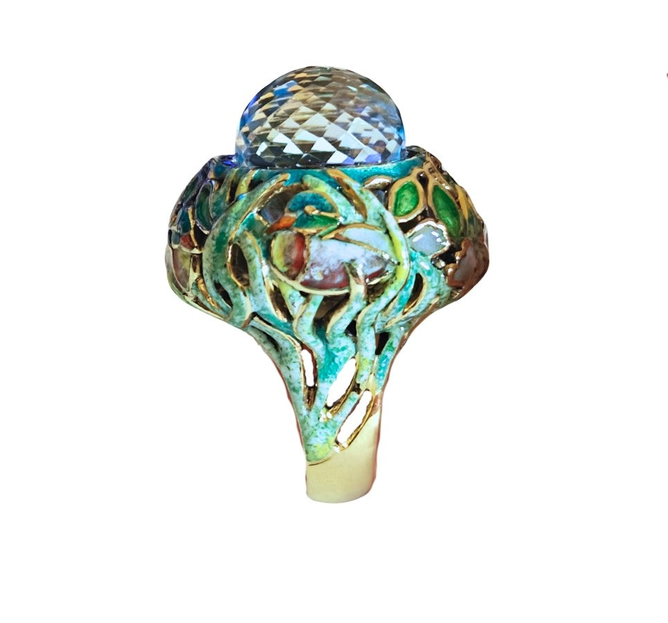 Back view of the Shimmering Pond ring revealing the handcrafted gold shank and organic enamel design