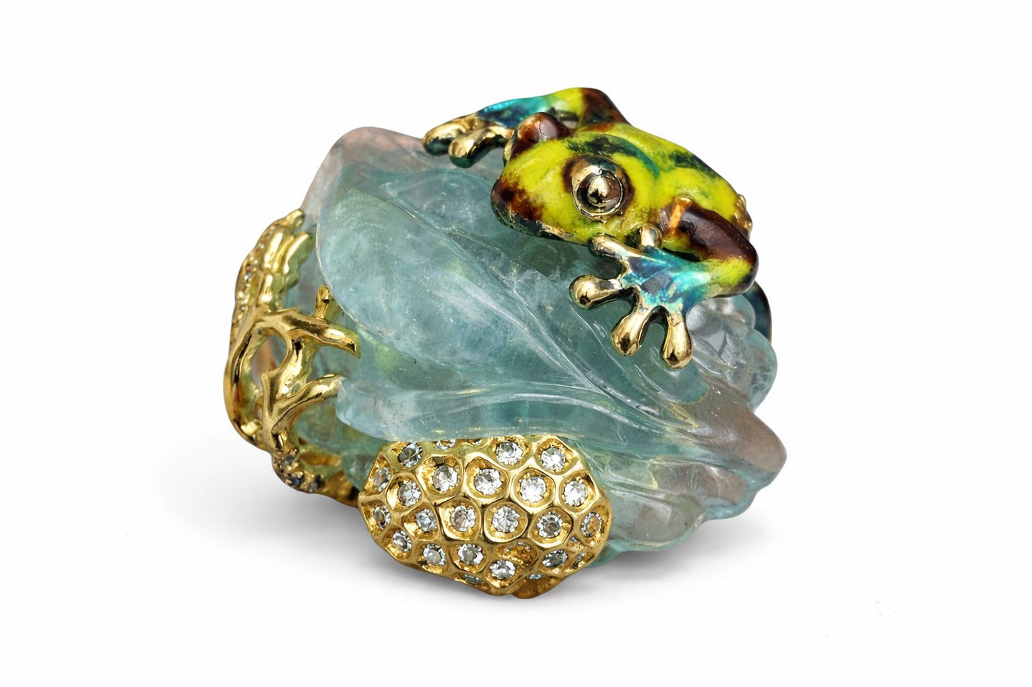 Angled view of an 18K gold frog ring with carved aquamarine and sculptural gold setting