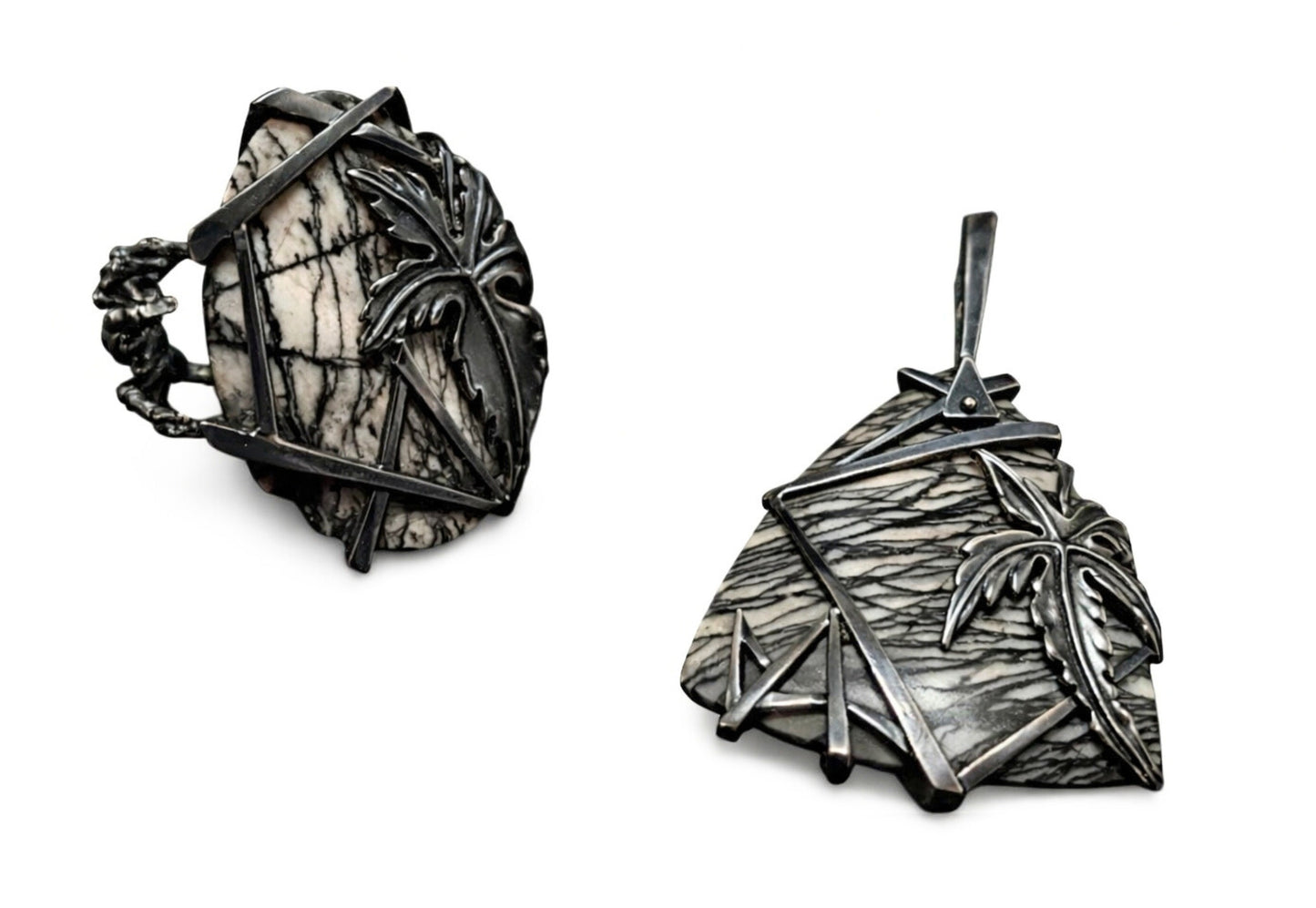 Weaver of Dreams landscape jasper ring and pendant set handcrafted in oxidized 925 silver from Stone Garden Collection by Konforti Jewelry