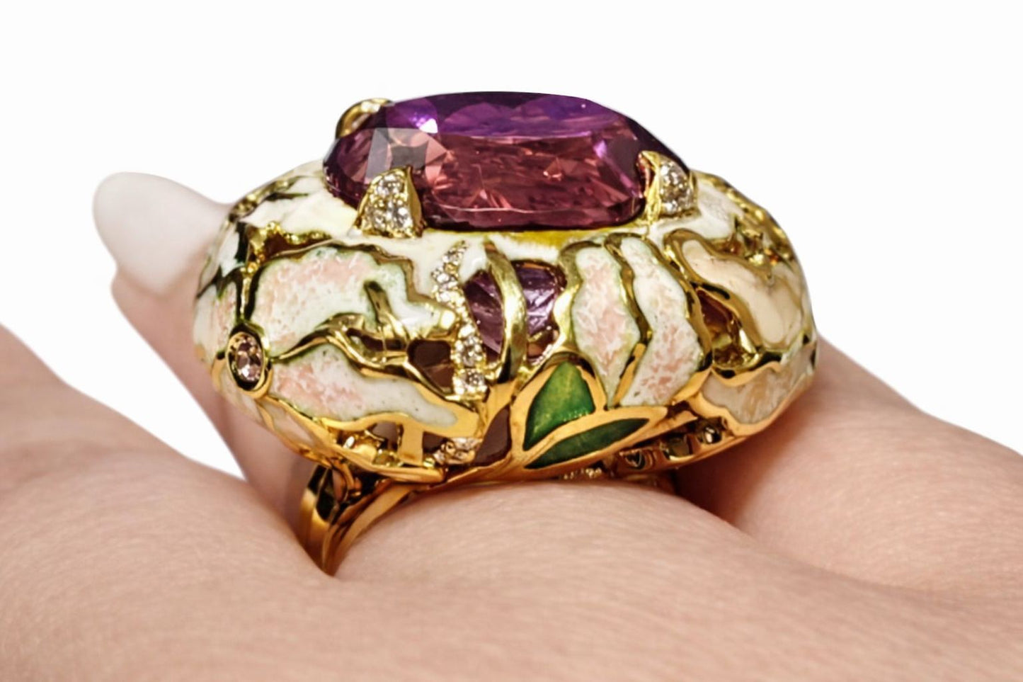 Side profile of Floral Fantasy ring by Konforti Jewelry crafted in 18K yellow gold with hand painted enamel lily flowers pink sapphires diamond accents and 32ct ametrine center stone.