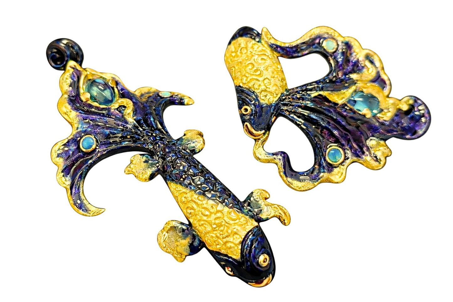 Ocean Duet jewelry set featuring matching betta fish ring and pendant with blue topaz and opal gemstones in handcrafted Limoges enamel and 960 silver.