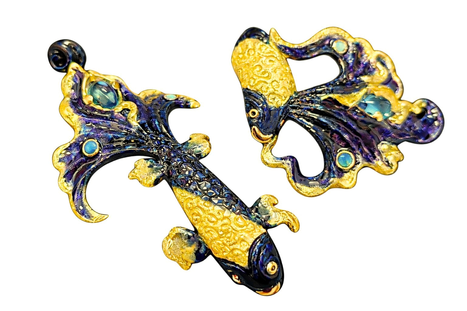 Ocean Duet jewelry set featuring matching betta fish ring and pendant with blue topaz and opal gemstones in handcrafted Limoges enamel and 960 silver.