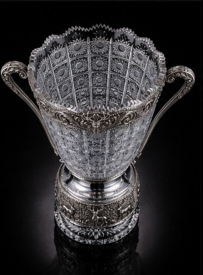 An ornate silver-toned trophy cup with a faceted, cut-glass or crystal bowl, decorative handles, and an engraved pedestal base, photographed against a black reflective background.