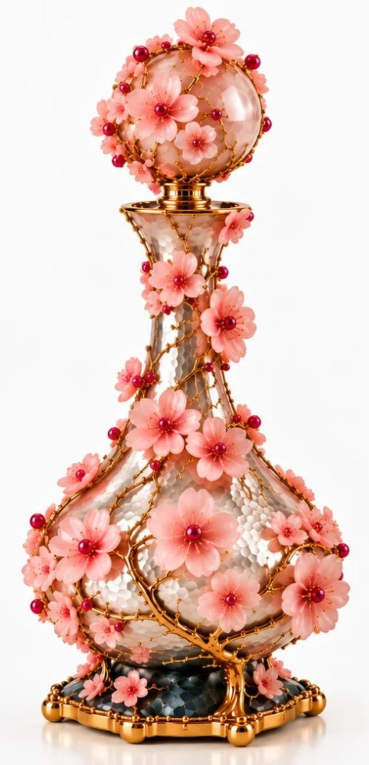 Art Nouveau Cherry Blossom Wine Pitcher with Pink Opal, Sterling Silver