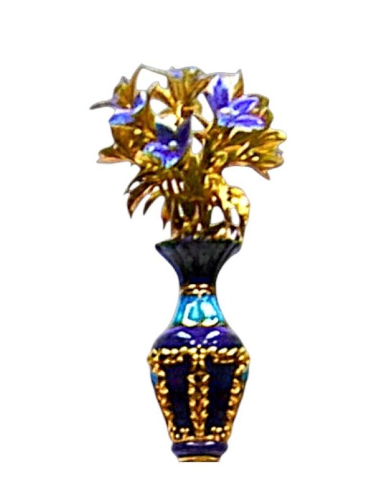 Detail view of the upper bouquet on the “Swan Song” sculptural ceremonial centerpiece, crafted in 960 silver with 24K gold gilding, featuring hot poured enamel violets set with pearls and refined decorative detailing.
