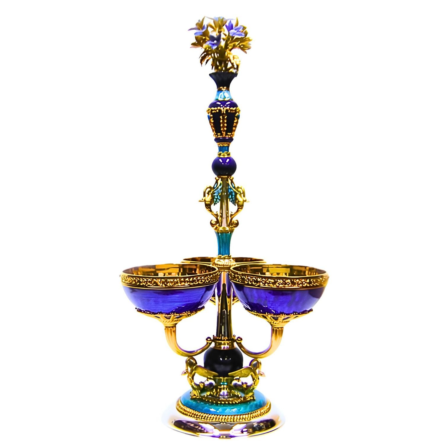 Full view of the “Swan Song” sculptural ceremonial centerpiece crafted in 960 silver with 24K gold gilding, featuring hot guilloché enamel, stained-glass enamel swan wings, and hand-carved lapis lazuli details.