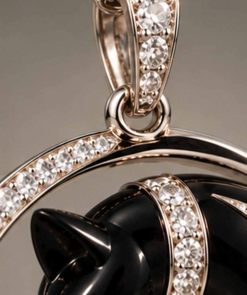 18K White Gold Black Onyx Cat Pendant with 2.0ct Diamonds & Emerald Eyes