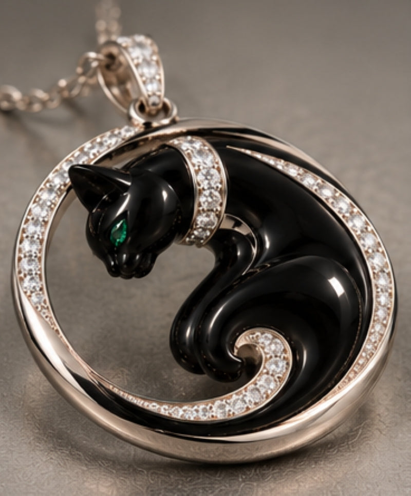 18K White Gold Black Onyx Cat Pendant with 2.0ct Diamonds & Emerald Eyes
