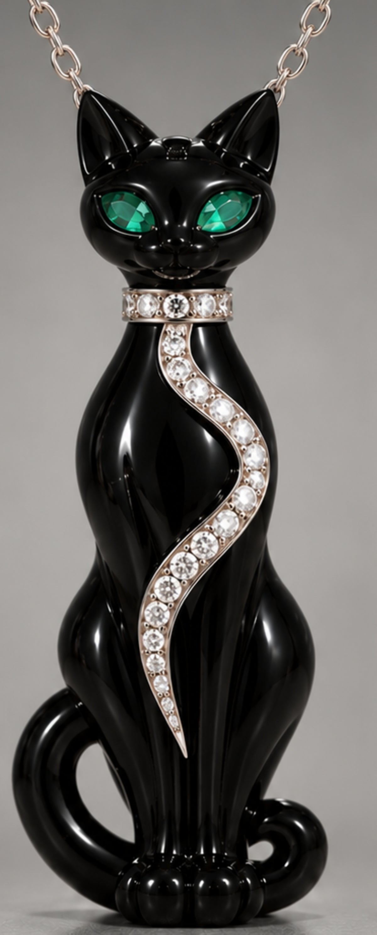 18K White Gold Black Onyx Cat Pendant with 0.80ct Diamonds and Emeralds