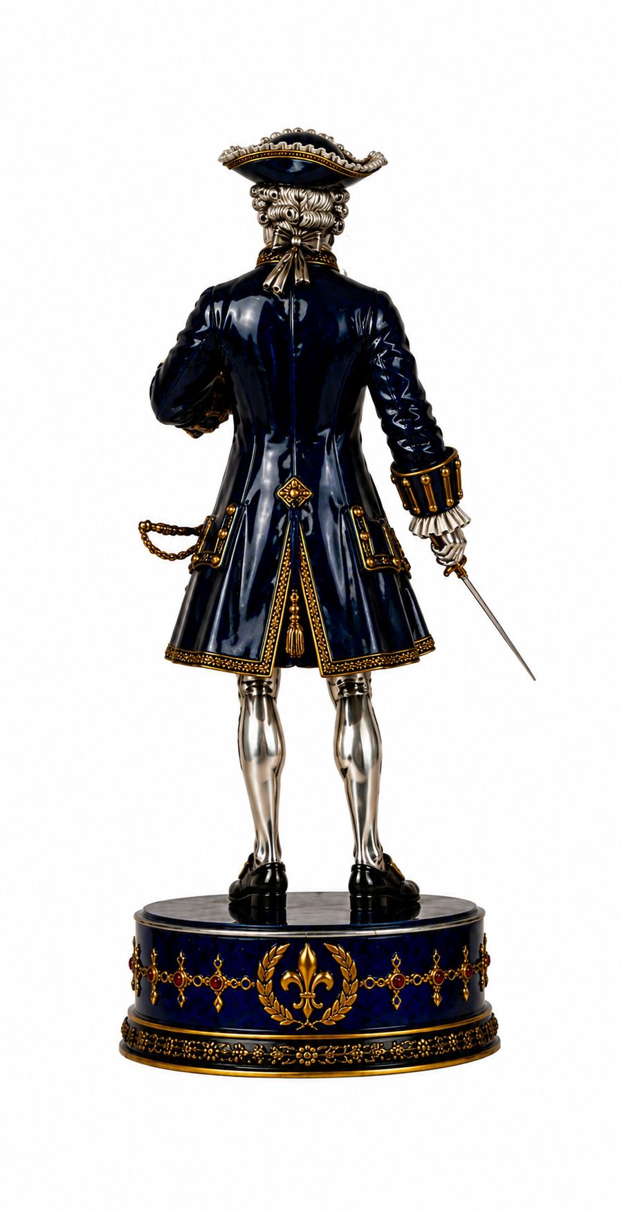 Back view of French Rococo court aristocrat chess piece in blue enamel, silver and gold vermeil with eighteenth-century costume details