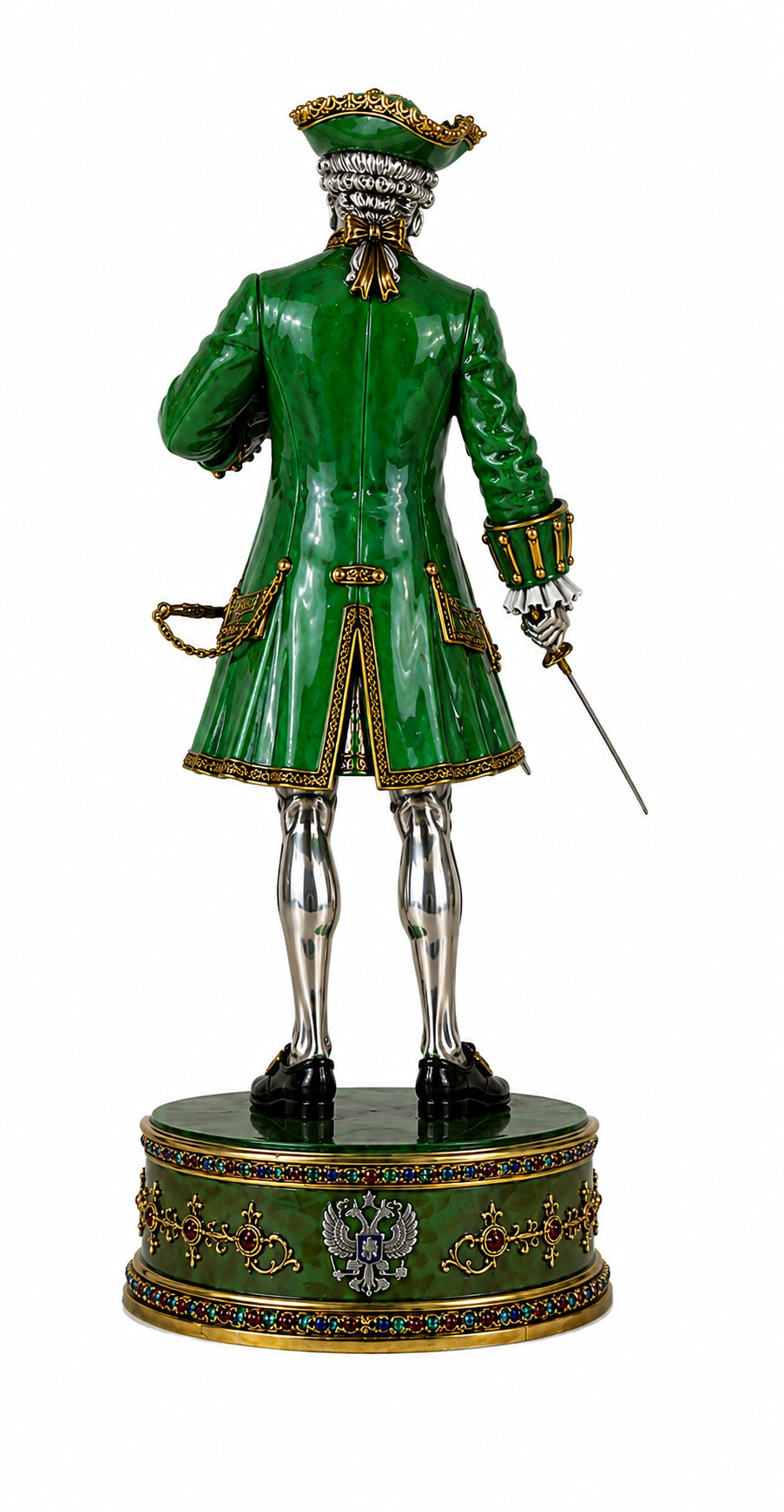 Back view of Russian imperial court aristocrat chess piece in green enamel, silver and gold, inspired by the era of Catherine the Great