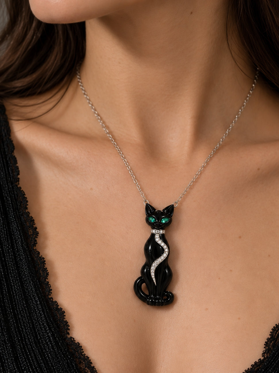 18K White Gold Black Onyx Cat Pendant with 0.80ct Diamonds and Emeralds
