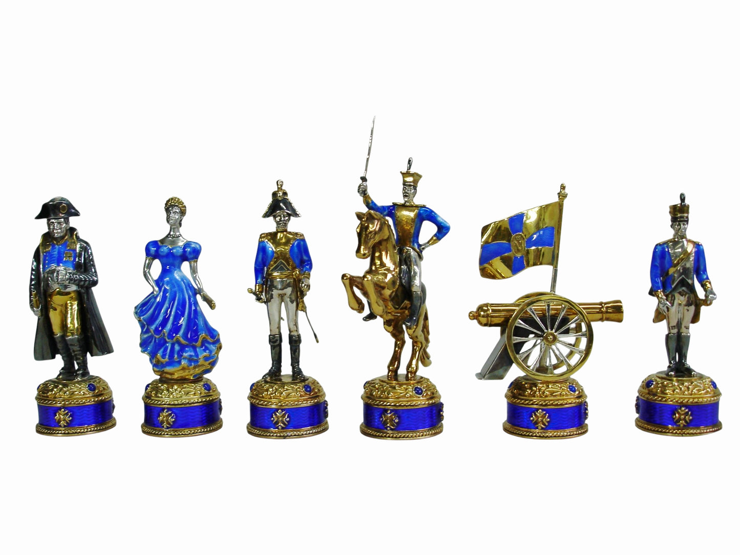 French side chess pieces representing Napoleon I’s army, sculpted in silver with enamel accents and detailed uniforms inspired by early 19th-century design.