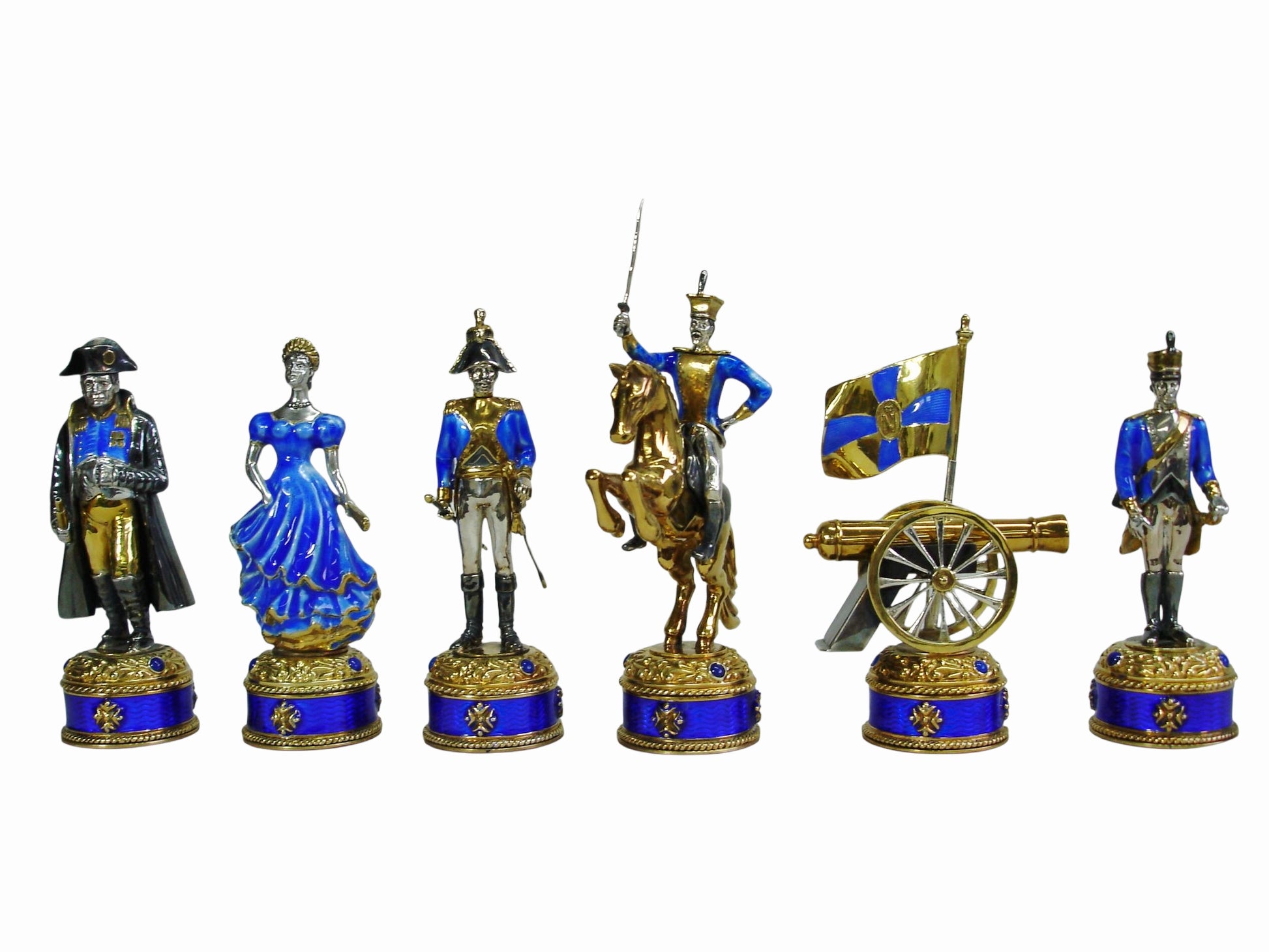 French side chess pieces representing Napoleon I’s army, sculpted in silver with enamel accents and detailed uniforms inspired by early 19th-century design.