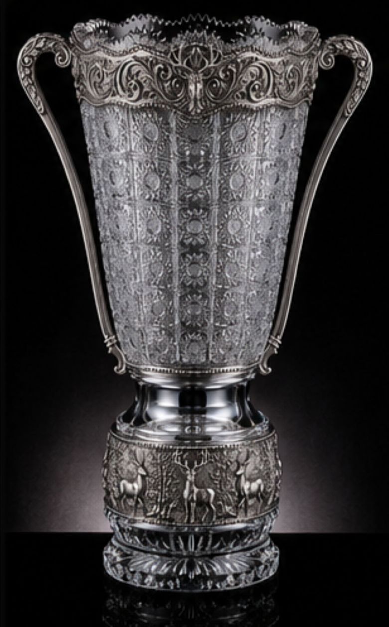 An ornate silver-toned metal trophy cup with decorative handles, a patterned body, and an embossed deer motif on the base, shown against a dark studio background.