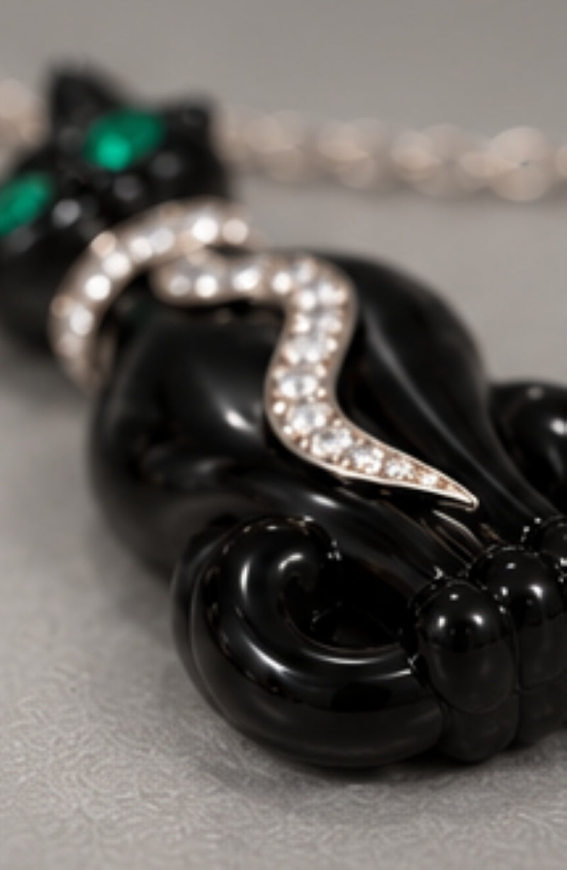 18K White Gold Black Onyx Cat Pendant with 0.80ct Diamonds and Emeralds