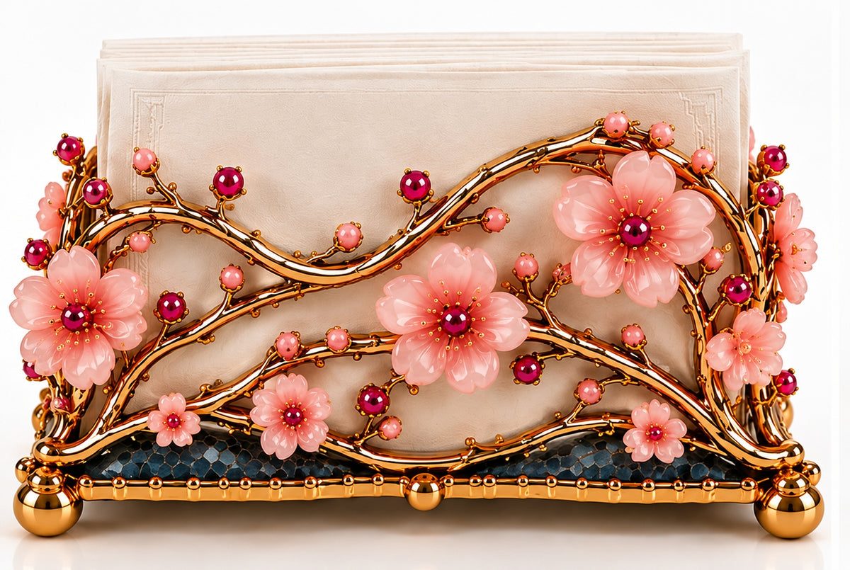 24K Gold Vermeil Cherry Blossom Napkin Holder with Pink Opal and Garnets