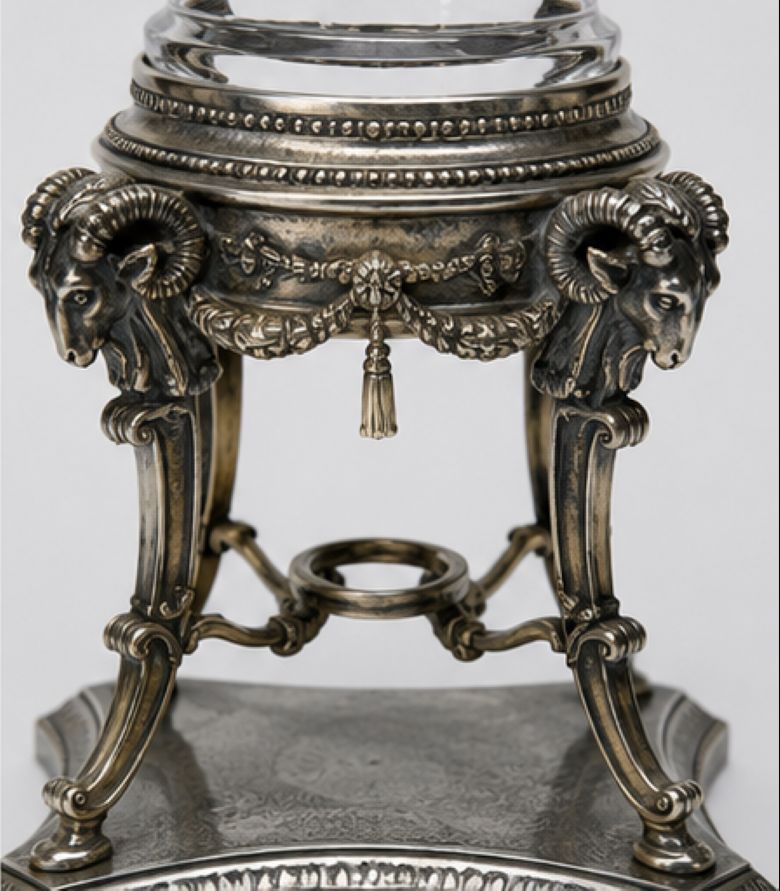 An ornate antique-style silver pedestal stand with sculpted ram heads on the legs, decorative beaded trim, a central tassel detail, and a circular ring holder on the front of the stand.