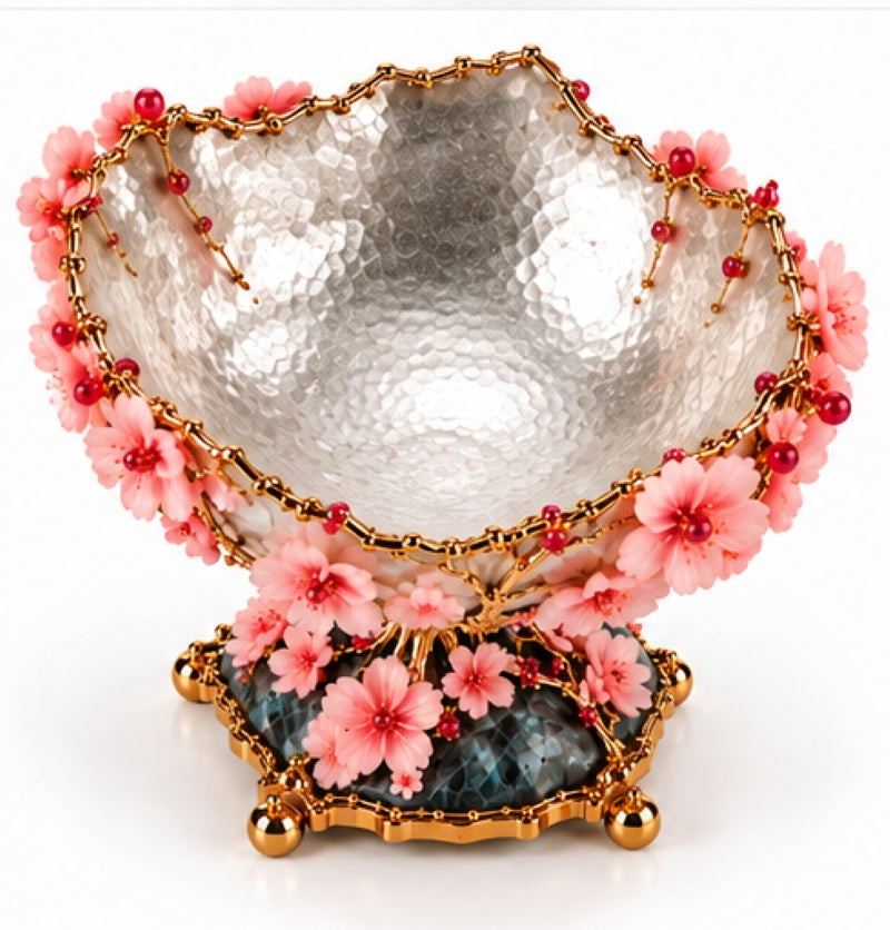 Art Nouveau Cherry Blossom Centerpiece Fruit Bowl in Sterling Silver & Pink Opal