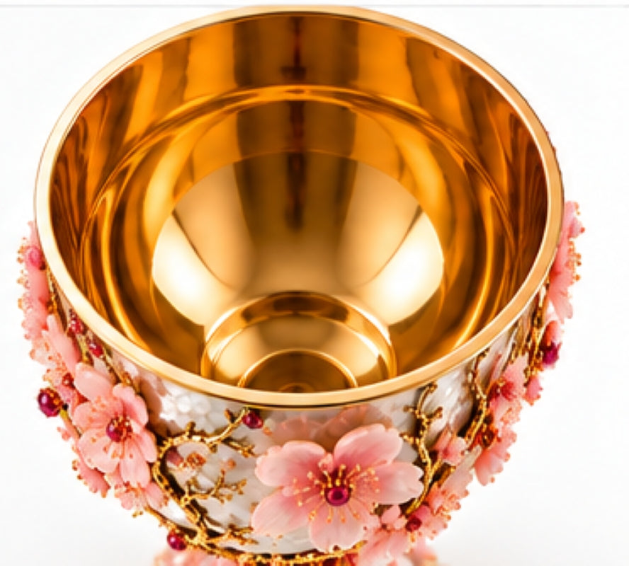 Art Nouveau Cherry Blossom Wine Goblet in Sterling Silver, Pink Opal & Vermeil