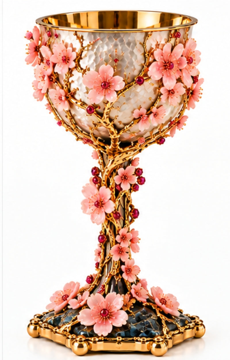 Art Nouveau Set of 6 Cherry Blossom Wine Goblets in Sterling Silver & Pink Opal