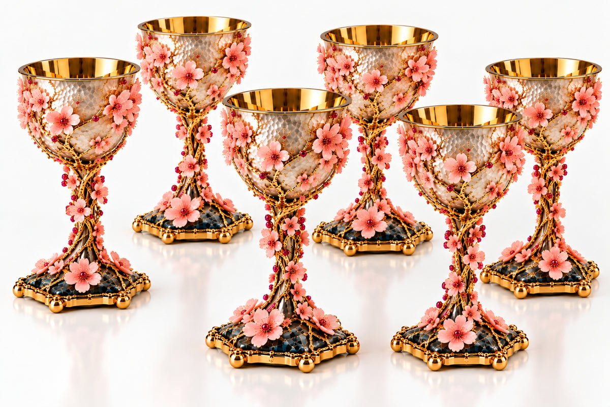 Art Nouveau Set of 6 Cherry Blossom Wine Goblets in Sterling Silver & Pink Opal