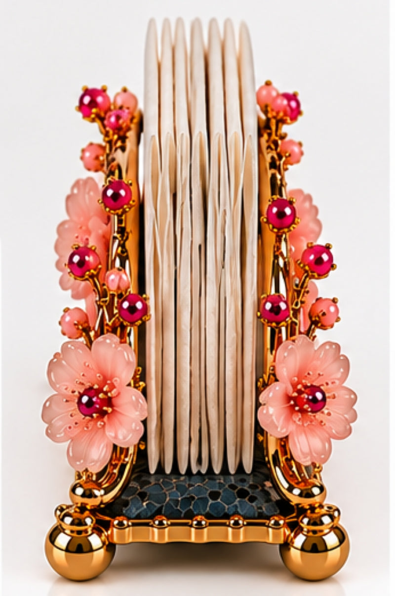 24K Gold Vermeil Cherry Blossom Napkin Holder with Pink Opal and Garnets