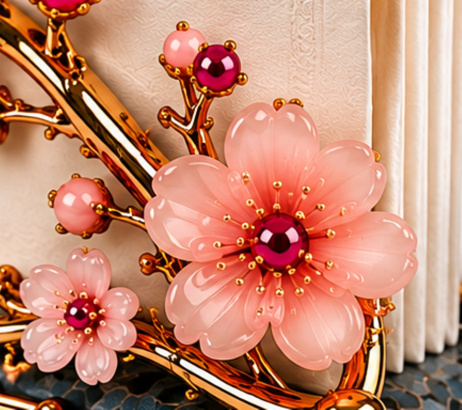24K Gold Vermeil Cherry Blossom Napkin Holder with Pink Opal and Garnets