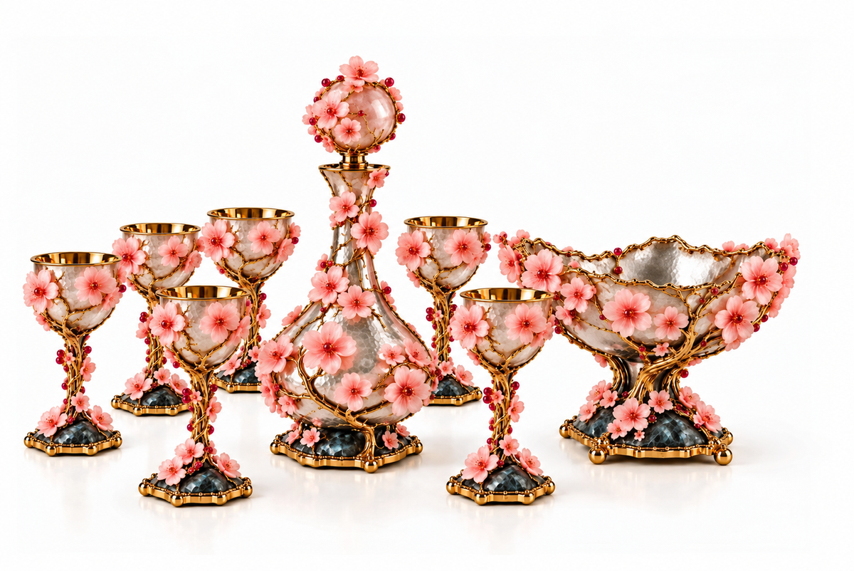 Art Nouveau Set of 6 Cherry Blossom Wine Goblets in Sterling Silver & Pink Opal