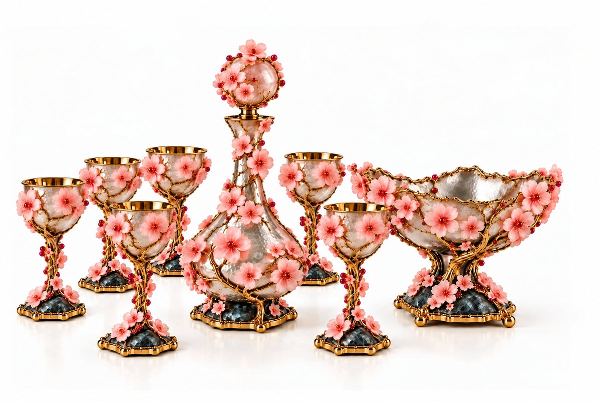24K Gold Vermeil Cherry Blossom Napkin Holder with Pink Opal and Garnets