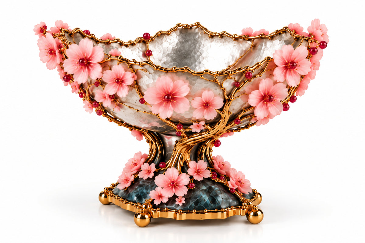 Art Nouveau Cherry Blossom Centerpiece Fruit Bowl in Sterling Silver & Pink Opal